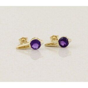 14k Yellow Gold Natural Amethyst & Diamond Earrings Stud Post